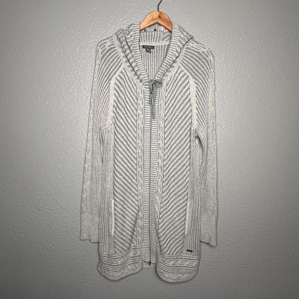 Eddie Bauer Long Cardigan Hooded Duster Gray Cream Cable Knit Zip XL